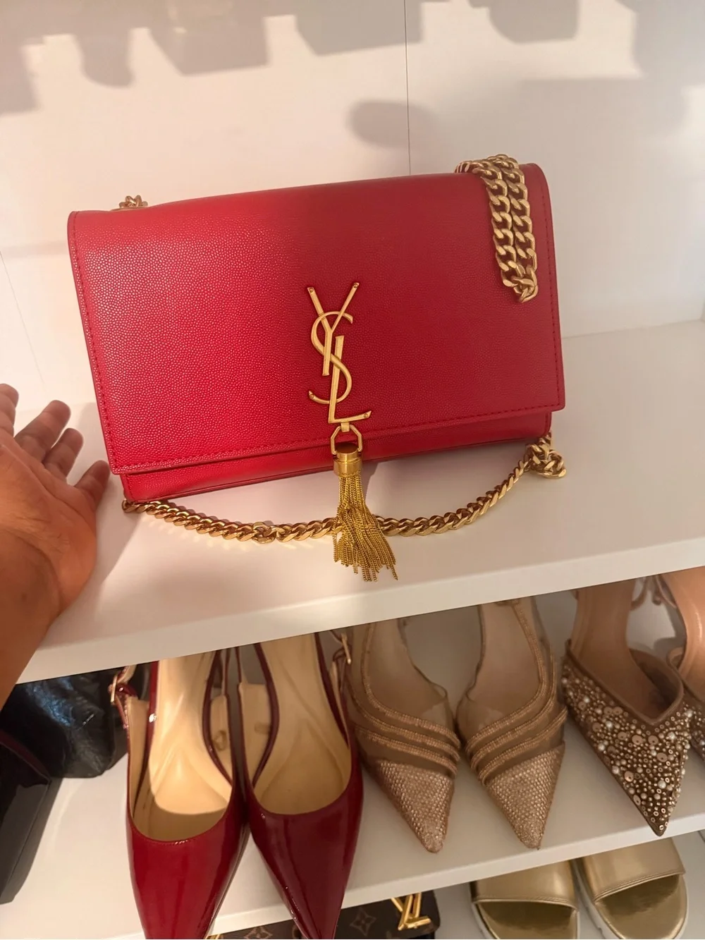 Saint Laurent Red Leather Tassel Chain Shoulder Bag with Gold Hardware - Picture 1 of 7